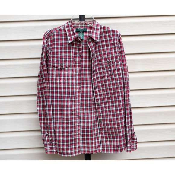 Lauren Ralph Lauren Tops - Ralph Lauren Shirt Womens Size PM Red Plaid Button Up LRL Metal Buttons Cotton